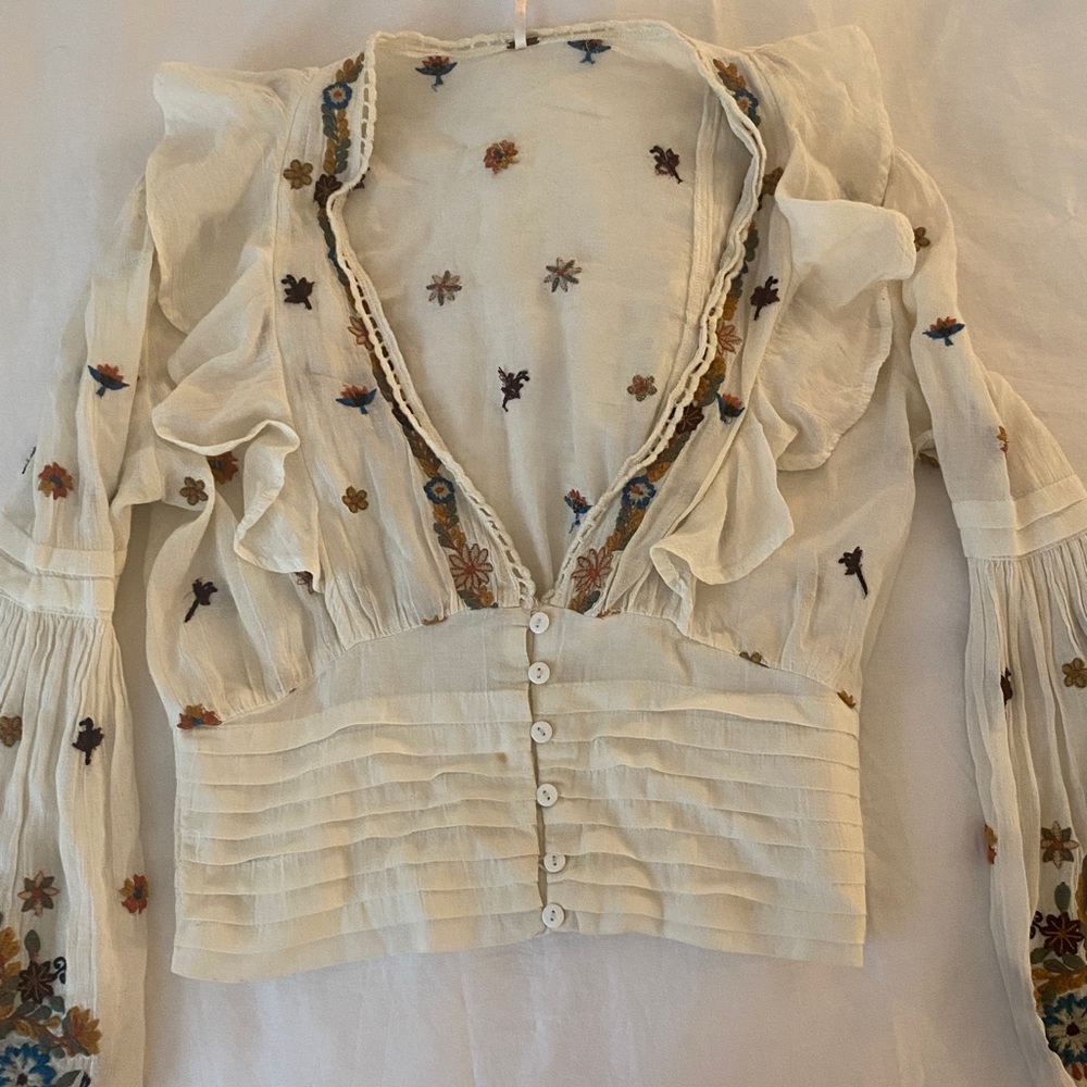 Free People Floral Blouse with Buttons and Frill